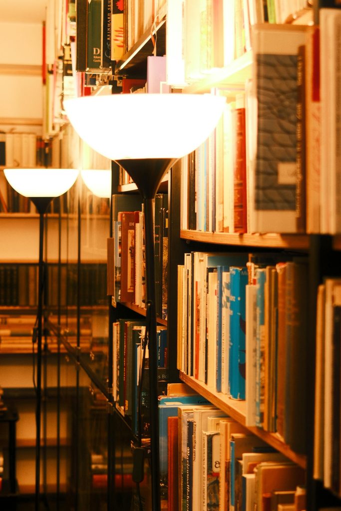Warmly lit library shelf filled with books, creating a cozy atmosphere.